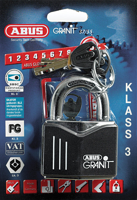 Abus Hengelås 37/55 Granit Fg-Kl3 3 Stk Med Plus Nøkkel 55Mm Sv