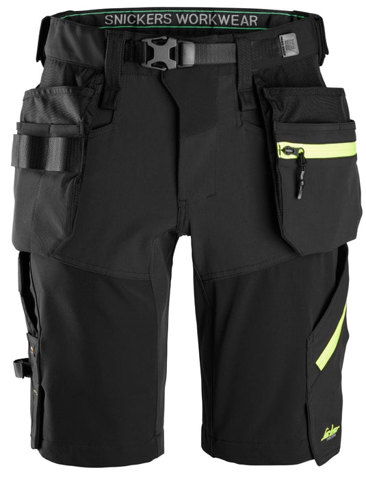 Snickers 6140 FlexiWork, Softshell Stretchshorts+ med hylsterlommer Svart/Gul Str.44 | Snickers | Snickers, UKATEGORISERT